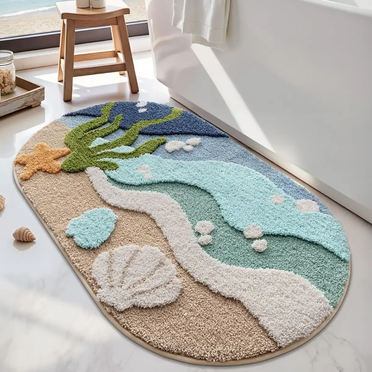 Coastal Seascape Flocked Rug