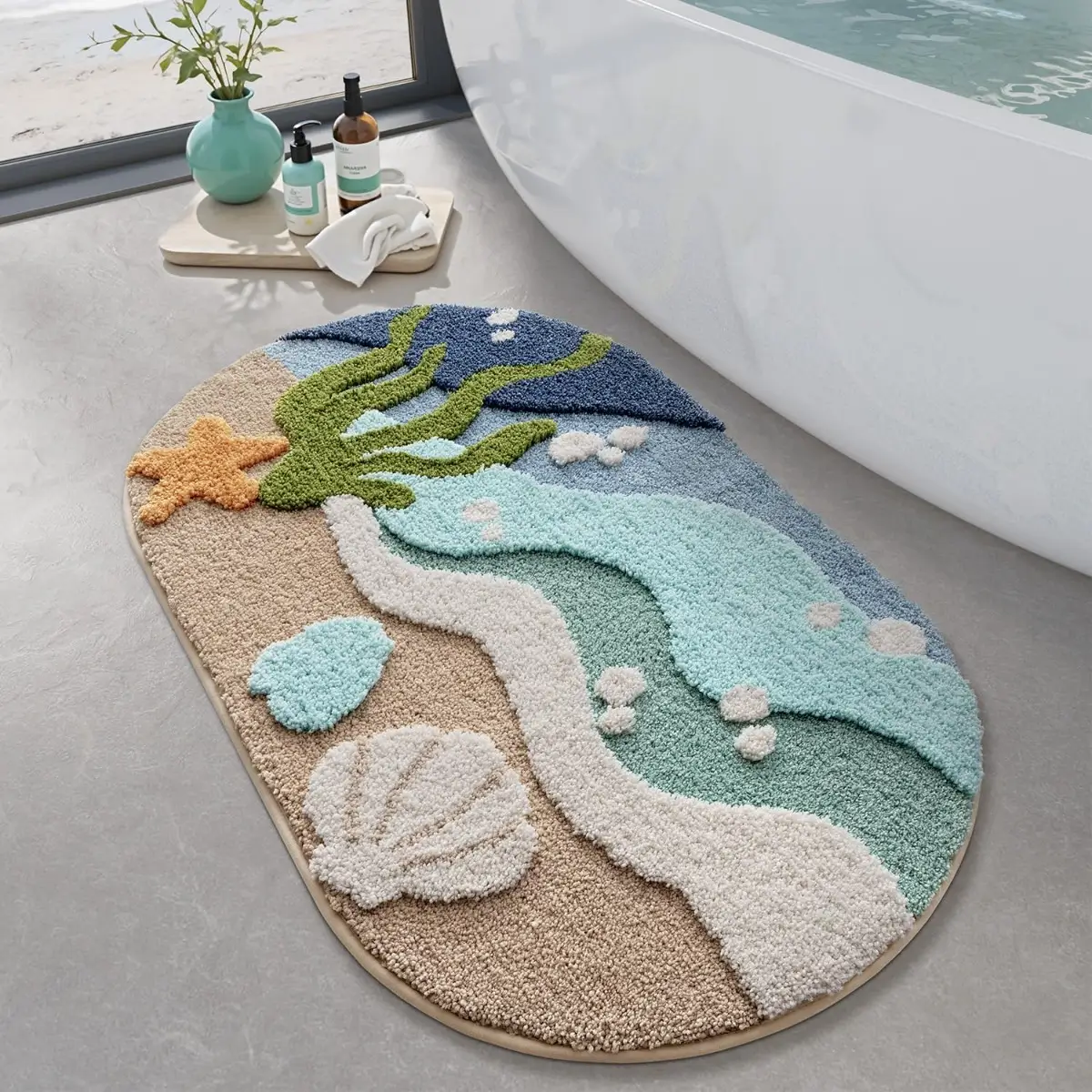 Coastal Seascape Flocked Rug