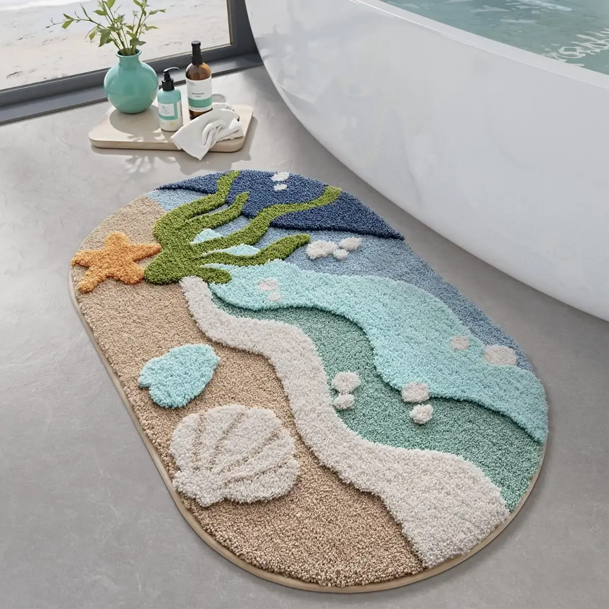 Coastal Seascape Flocked Rug