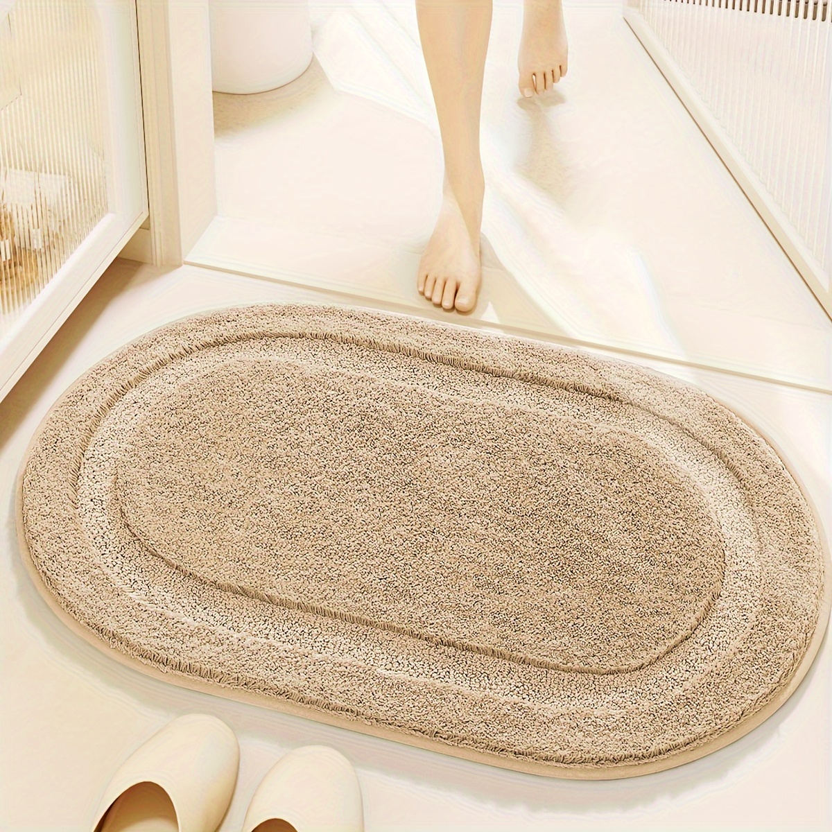 Solid Color Oval Flocked Rug