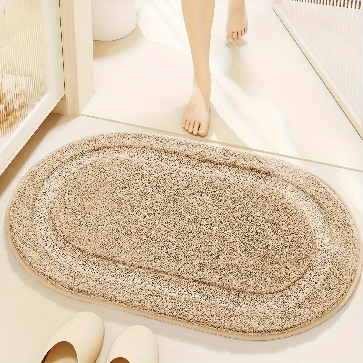 Solid Color Oval Flocked Rug