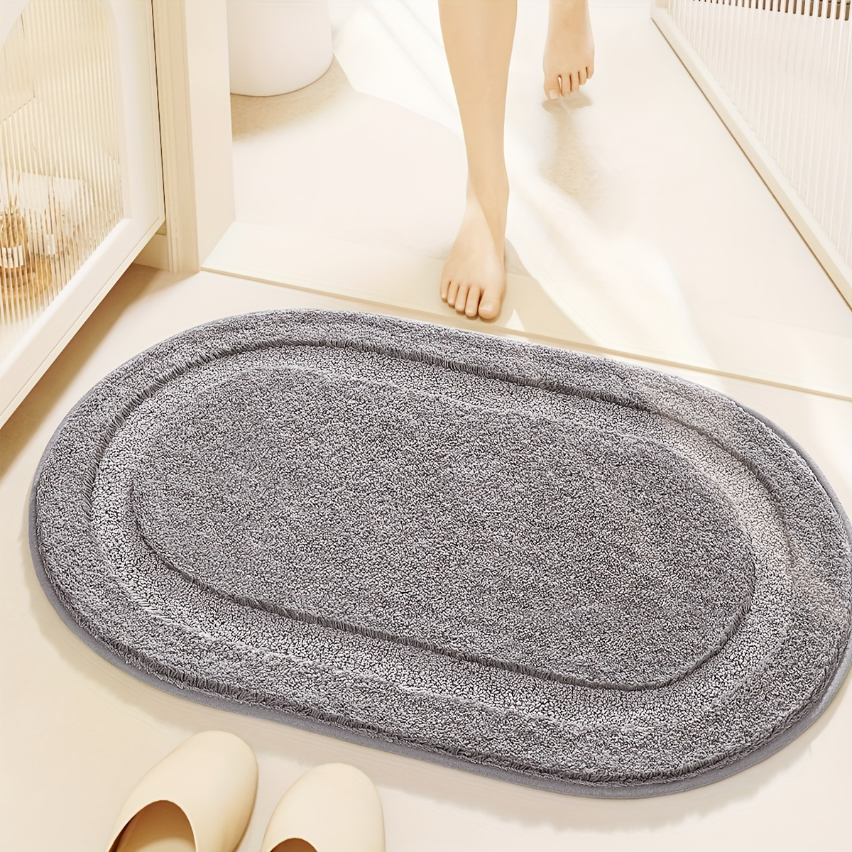 Solid Color Oval Flocked Rug