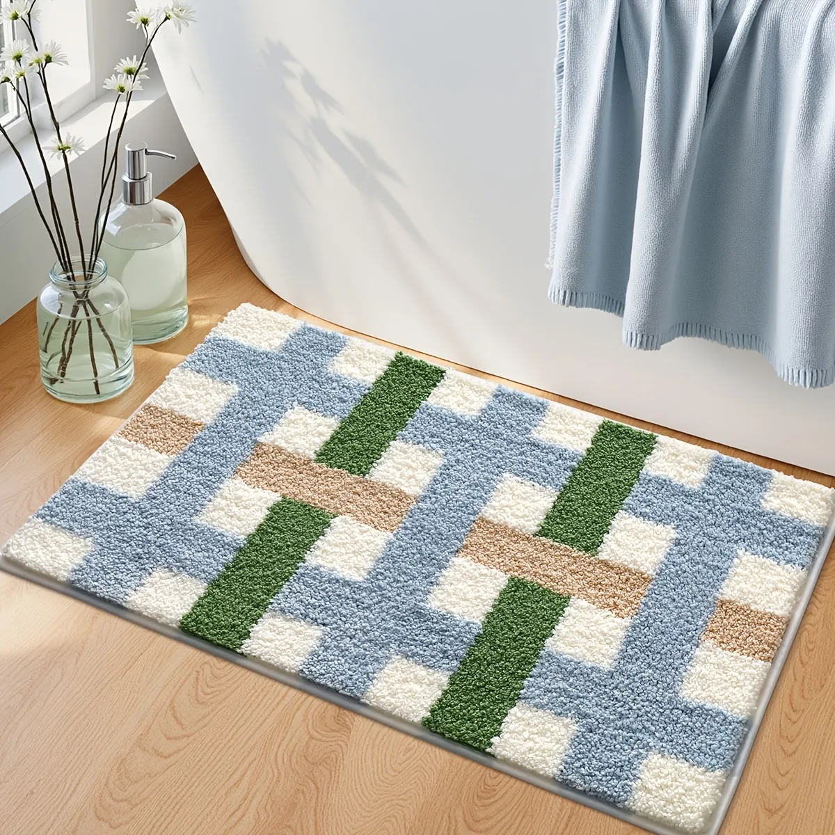 Forest Blue Checkered Flocked Rug