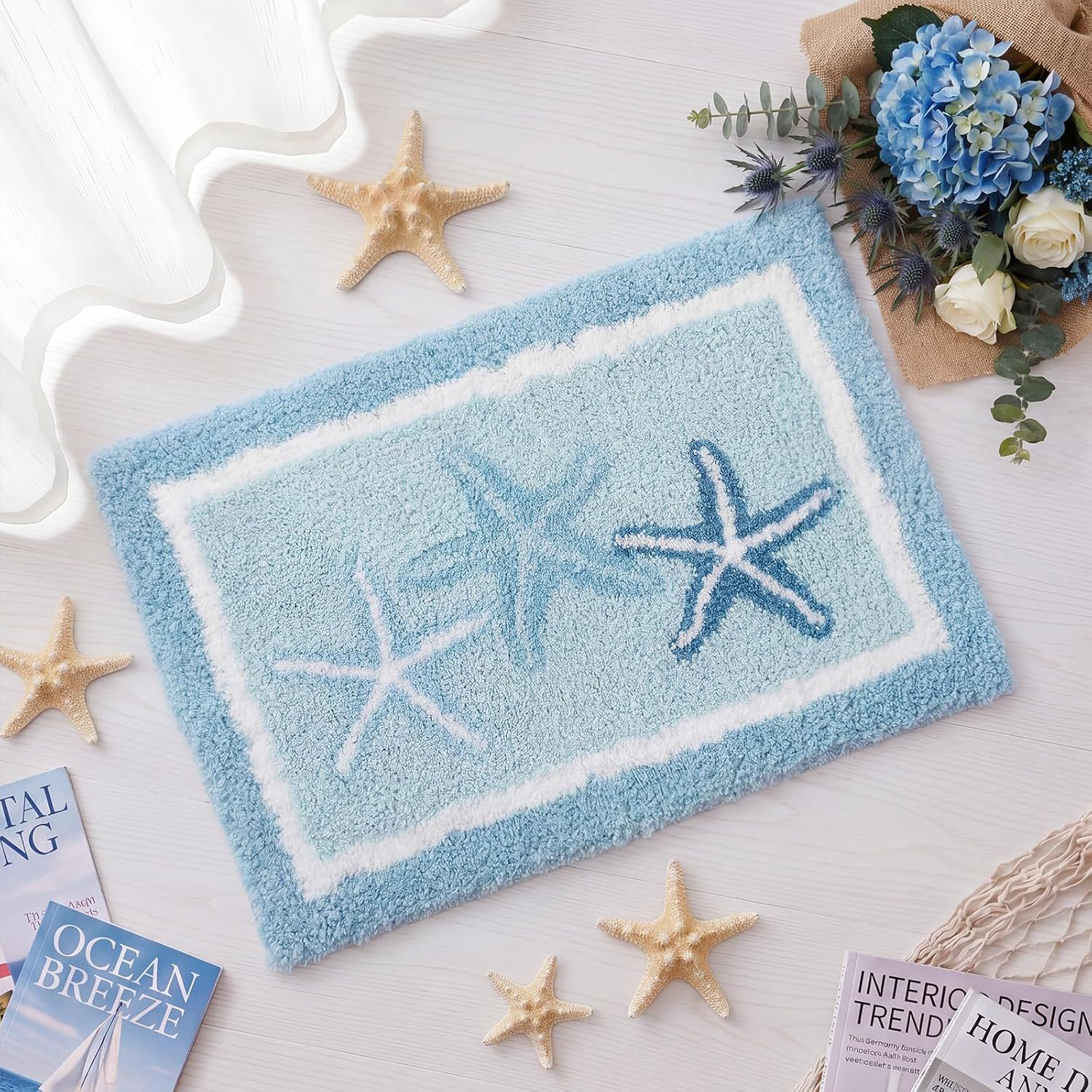 Blue Border Starfish Flocked Rug