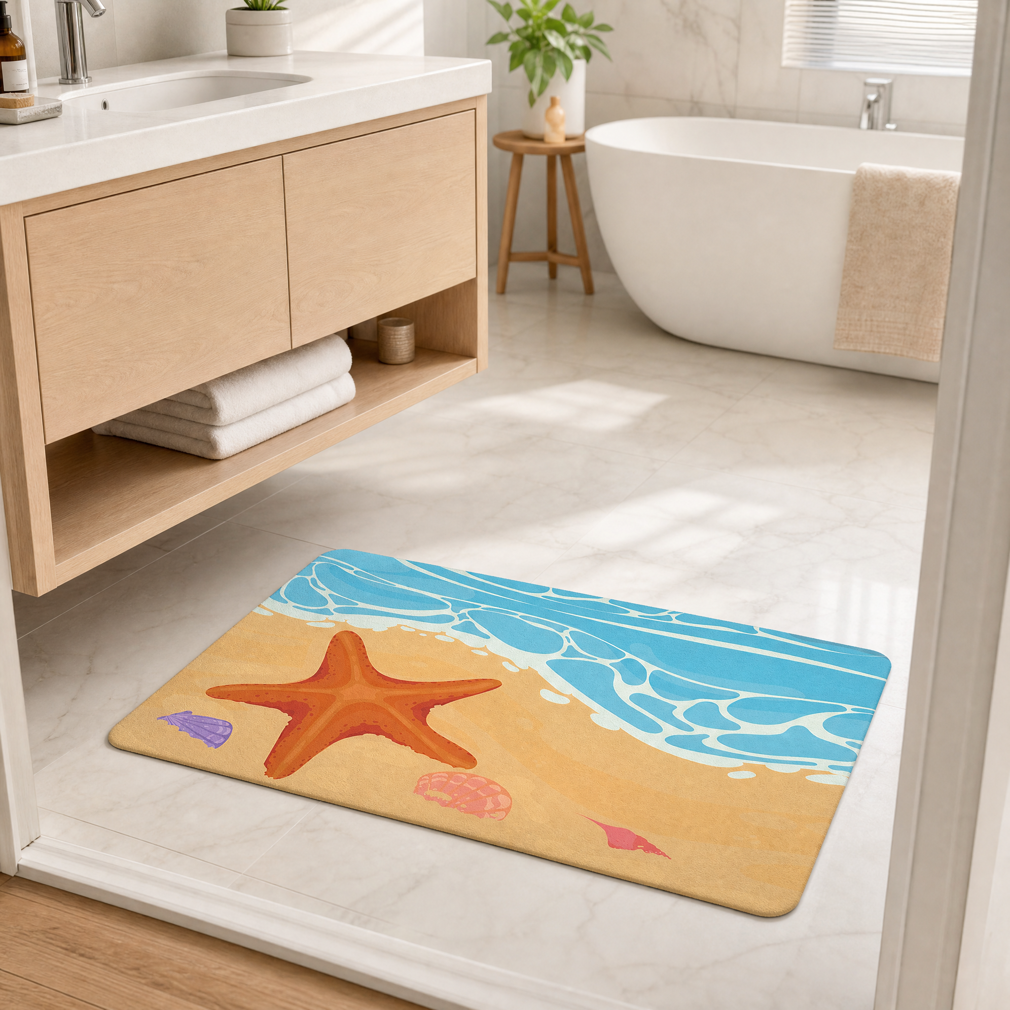 Ocean Starfish Shell Diatomaceous Earth Bath Mat