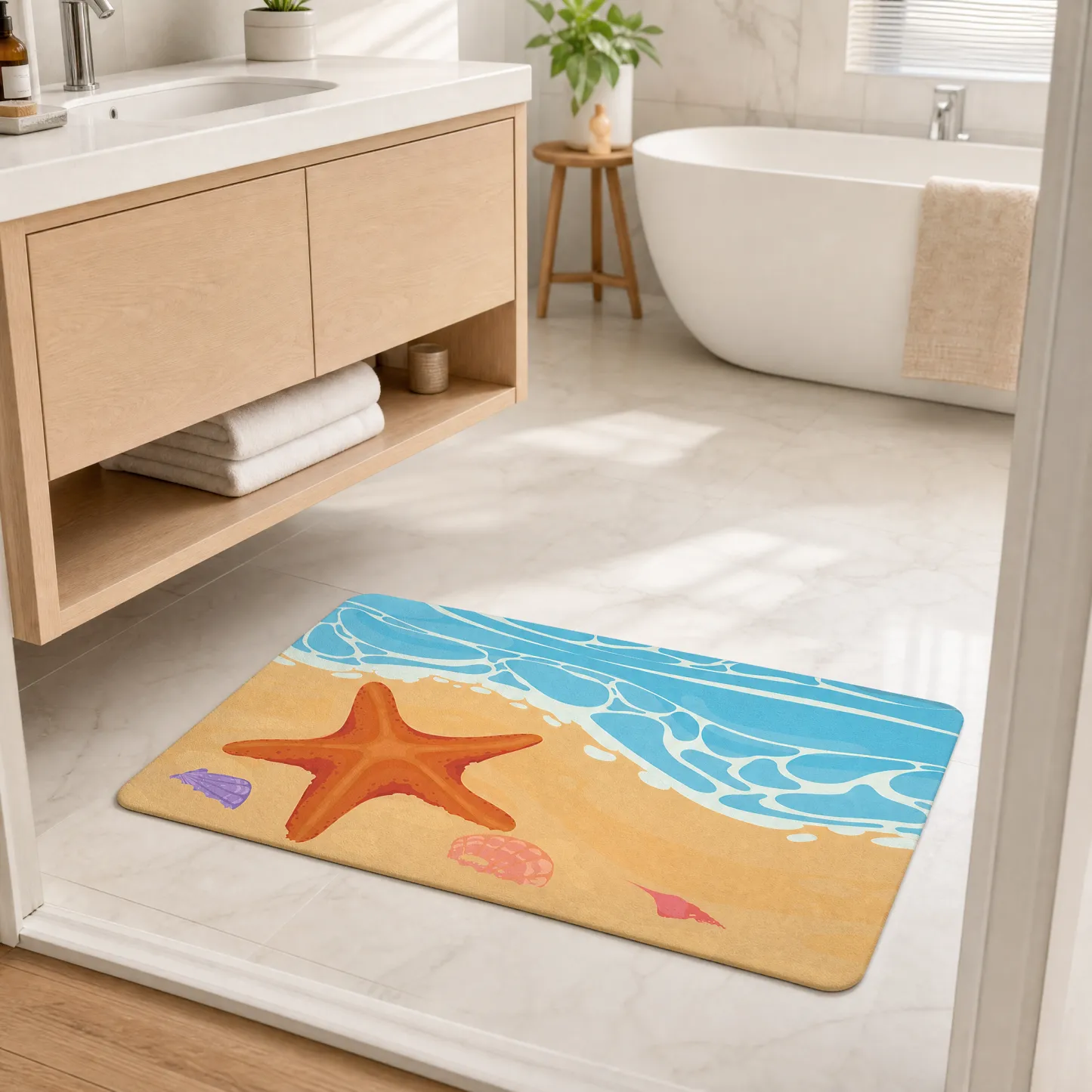 Ocean Starfish Shell Diatomaceous Earth Bath Mat