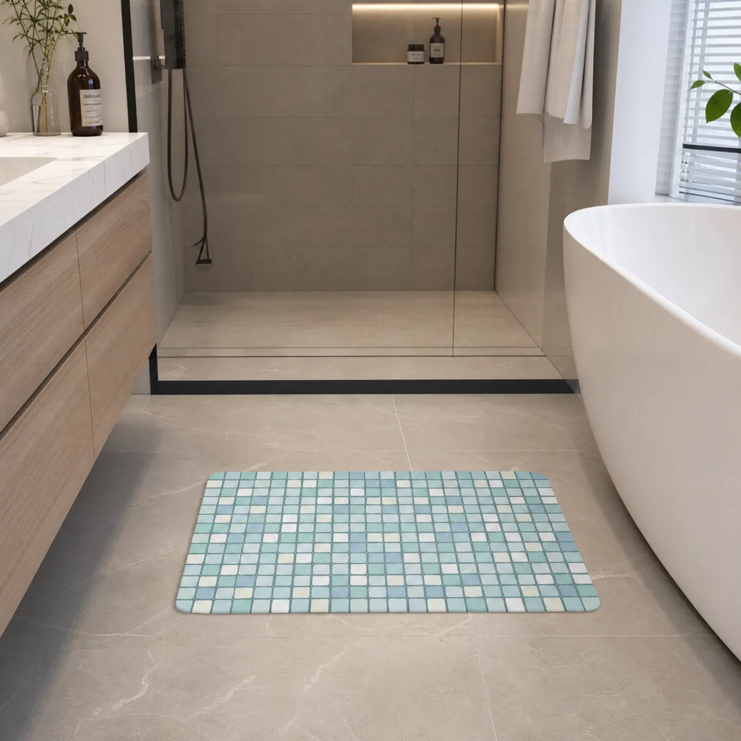 Aqua Blue Grid Diatomaceous Earth Bath Mat