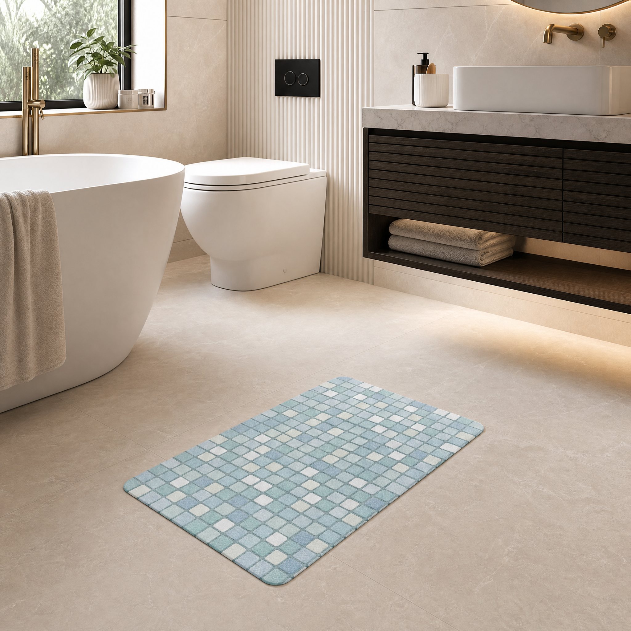Aqua Blue Grid Diatomaceous Earth Bath Mat