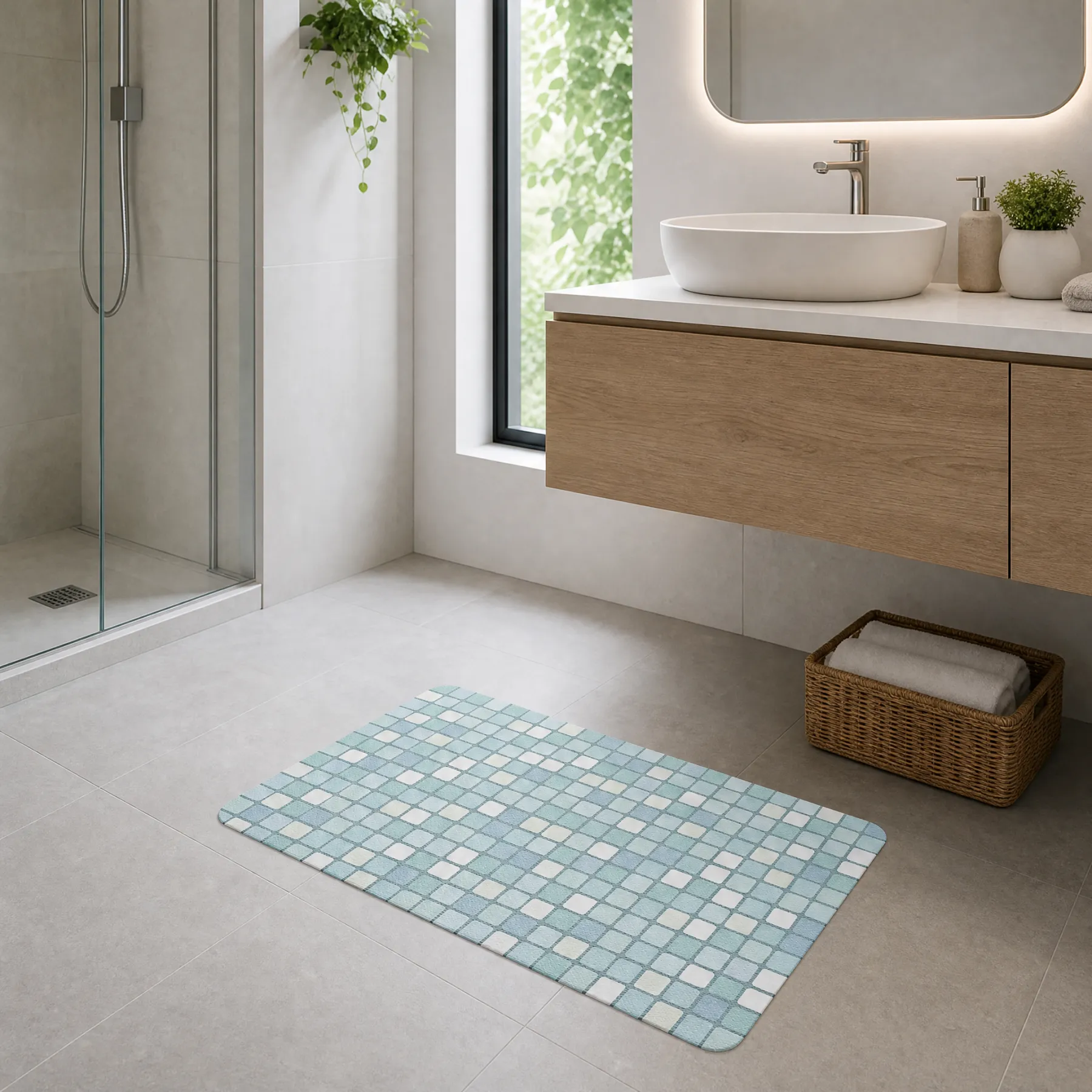 Aqua Blue Grid Diatomaceous Earth Bath Mat