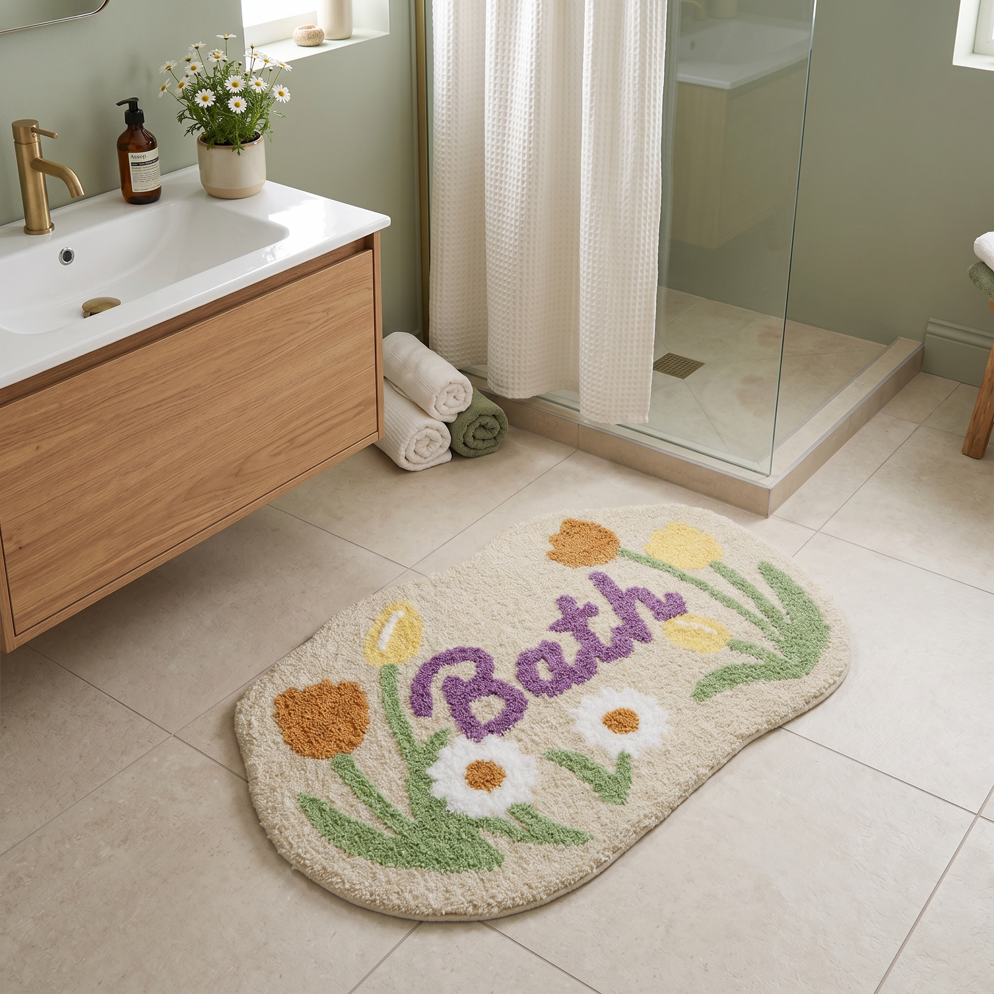 Floral Bath Word Flocked Rug