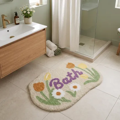 Floral Bath Word Flocked Rug