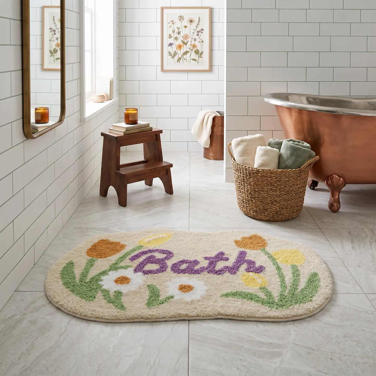 Floral Bath Word Flocked Rug