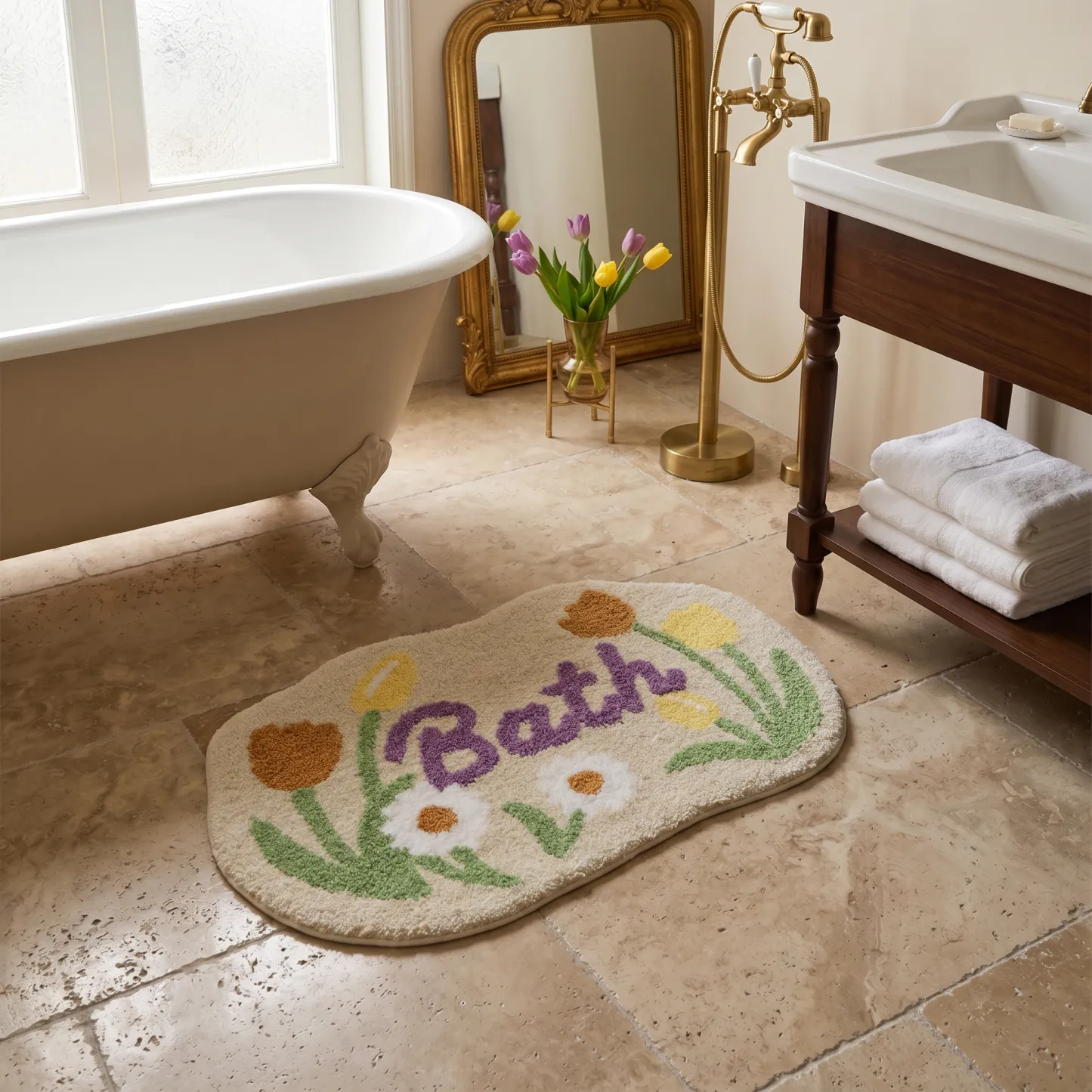 Floral Bath Word Flocked Rug