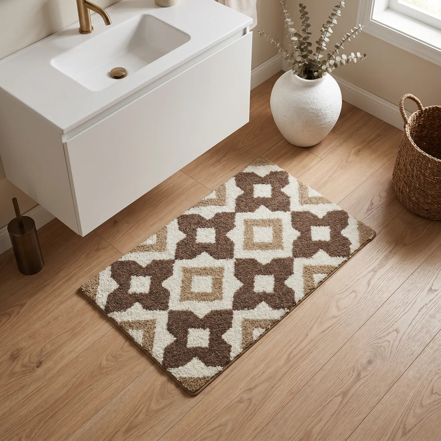 Brown Rhombus Grid Flocked Rug