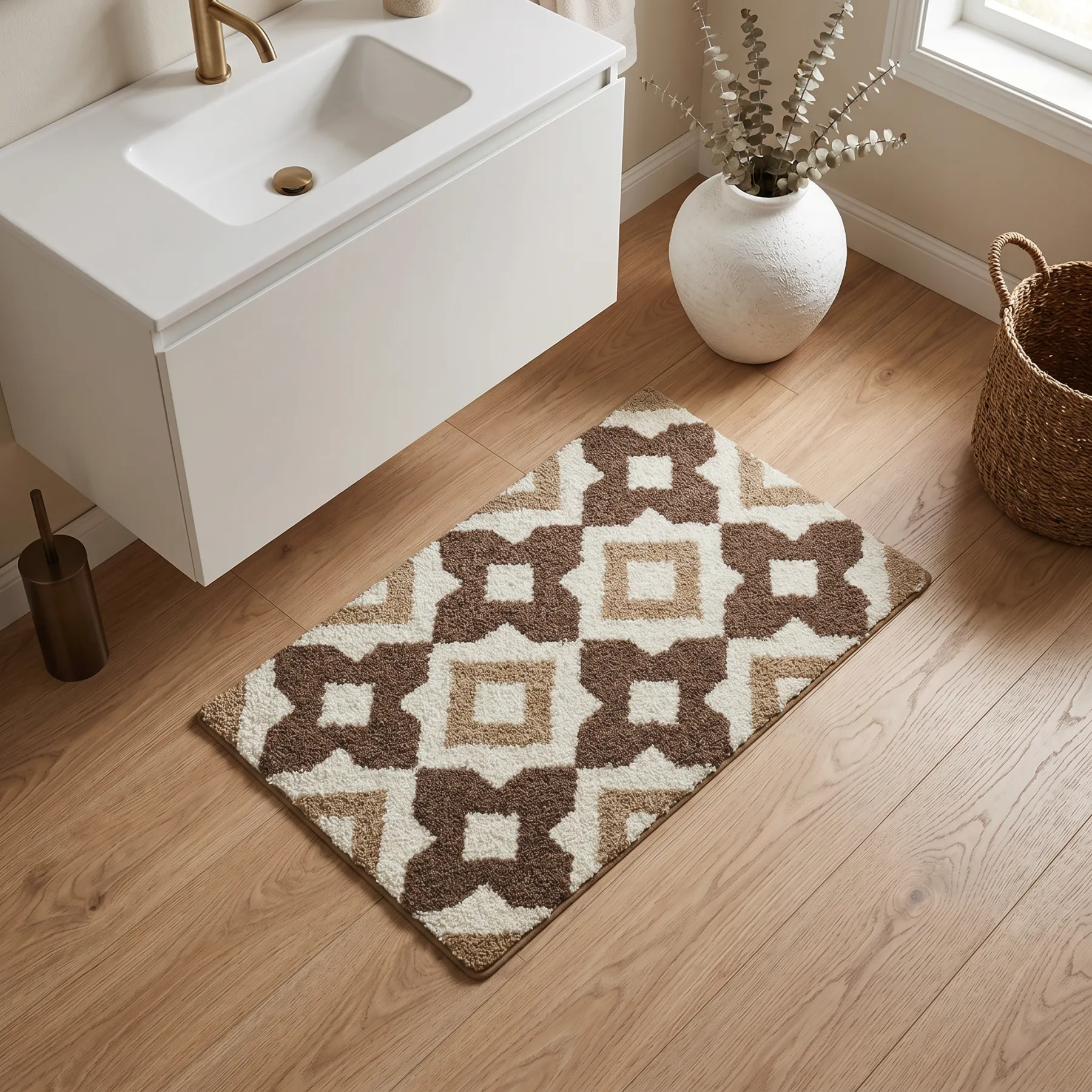 Brown Rhombus Grid Flocked Rug