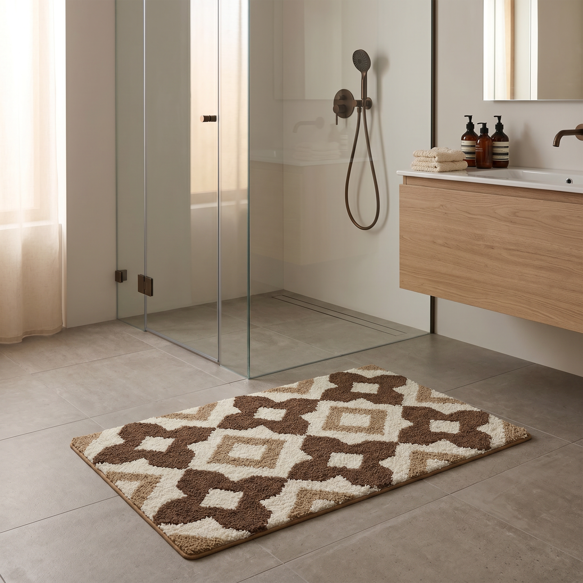 Brown Rhombus Grid Flocked Rug