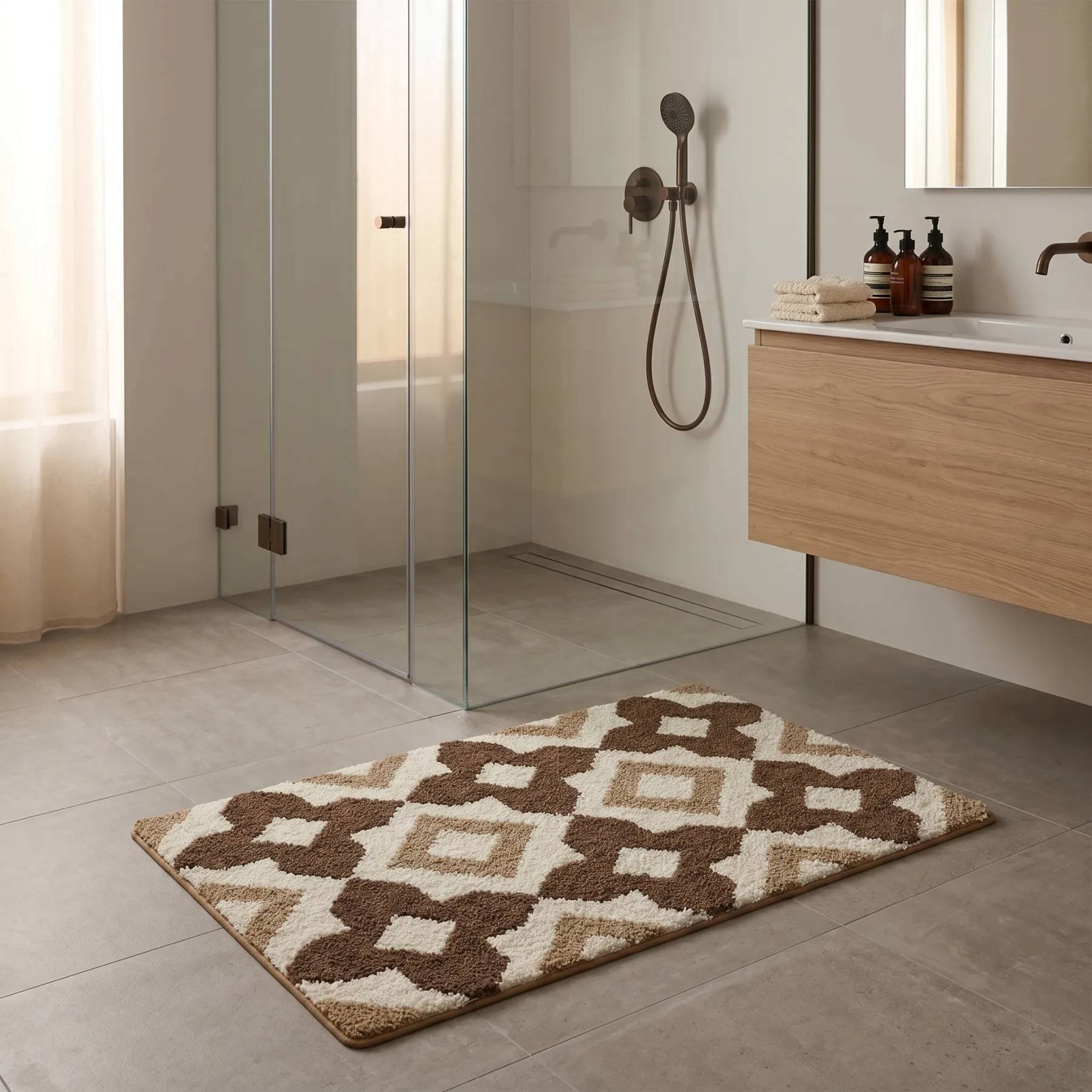 Brown Rhombus Grid Flocked Rug
