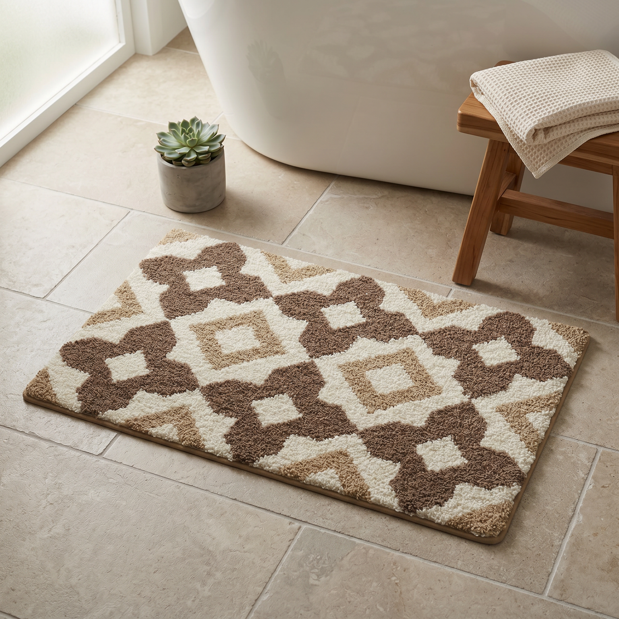 Brown Rhombus Grid Flocked Rug