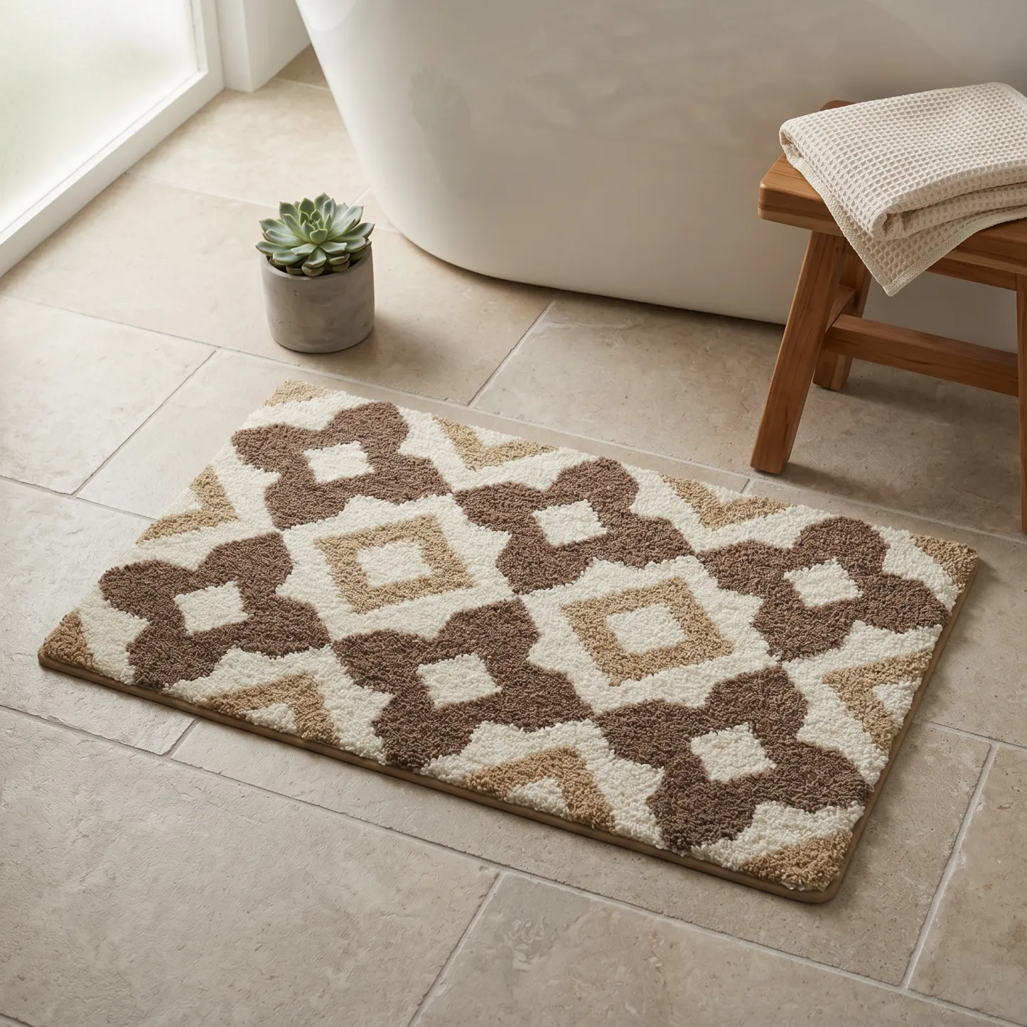 Brown Rhombus Grid Flocked Rug