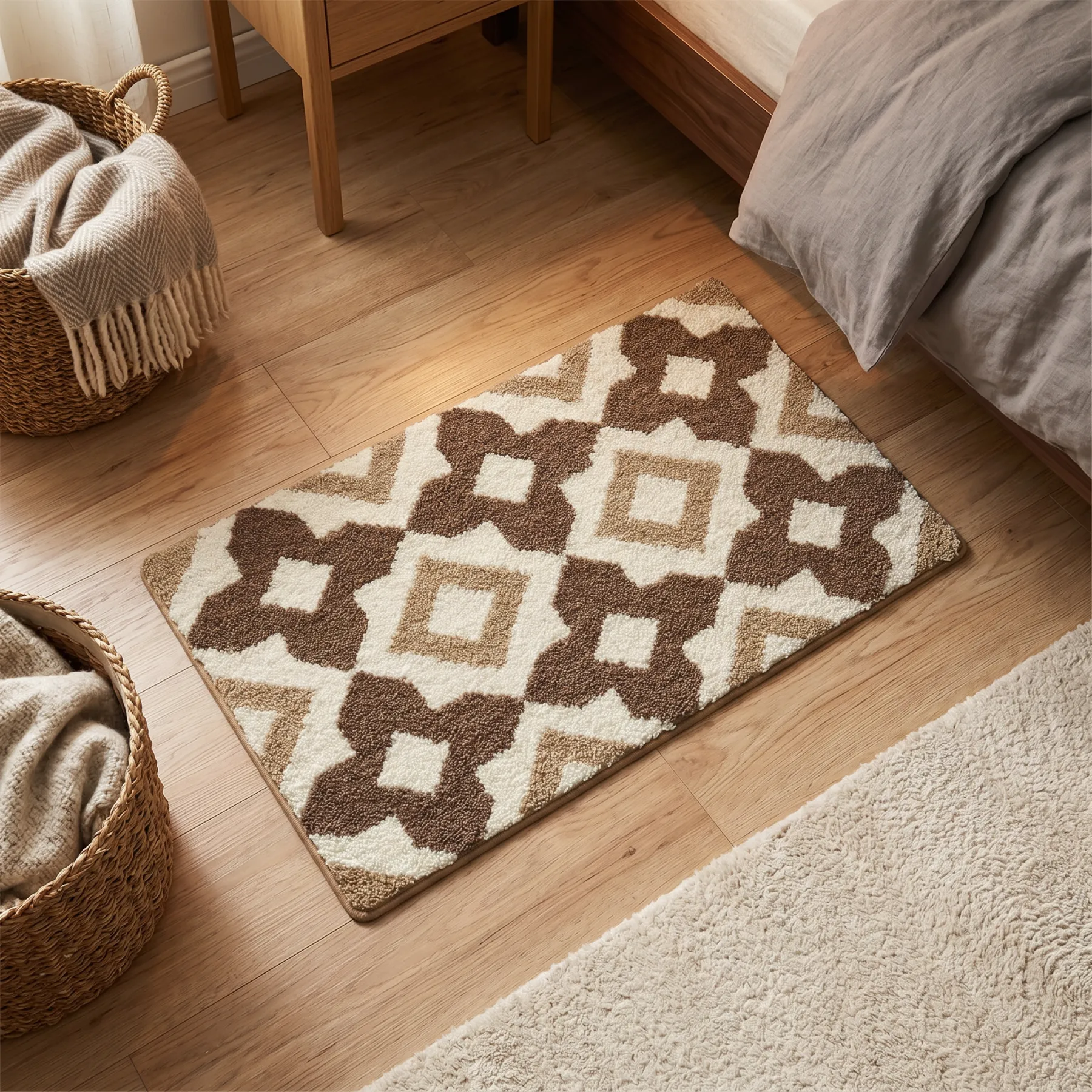 Brown Rhombus Grid Flocked Rug