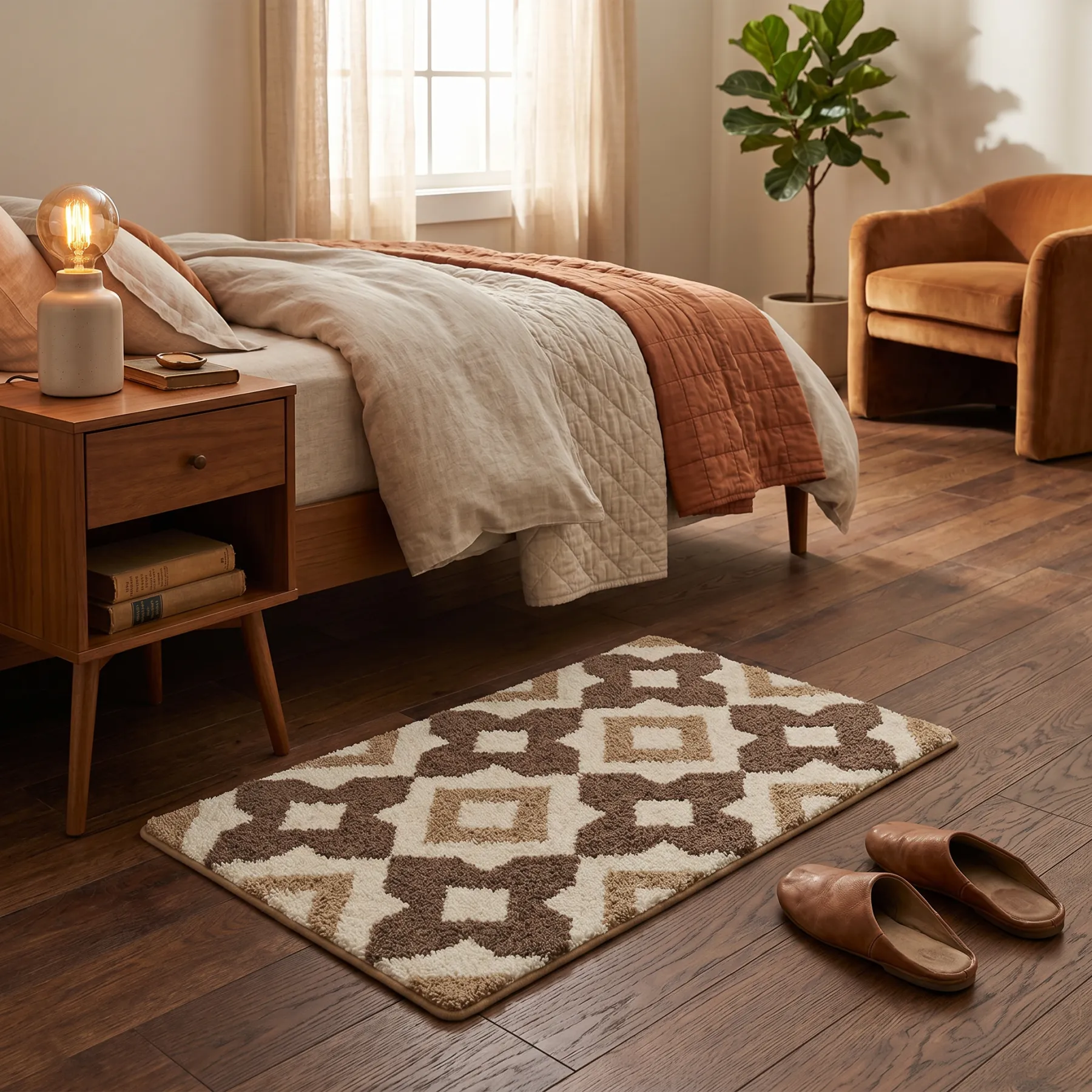 Brown Rhombus Grid Flocked Rug