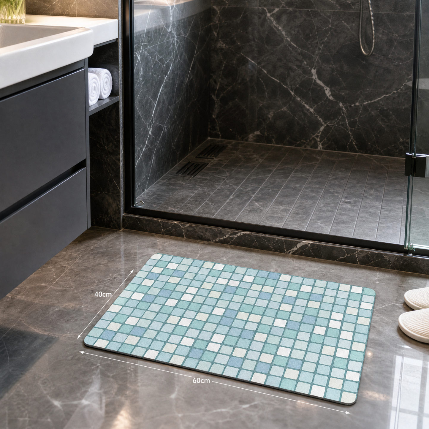 Aqua Blue Grid Diatomaceous Earth Bath Mat