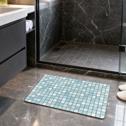 Aqua Blue Grid Diatomaceous Earth Bath Mat