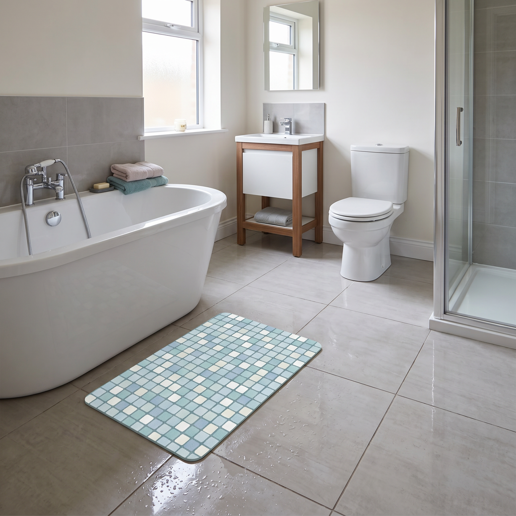Aqua Blue Grid Diatomaceous Earth Bath Mat