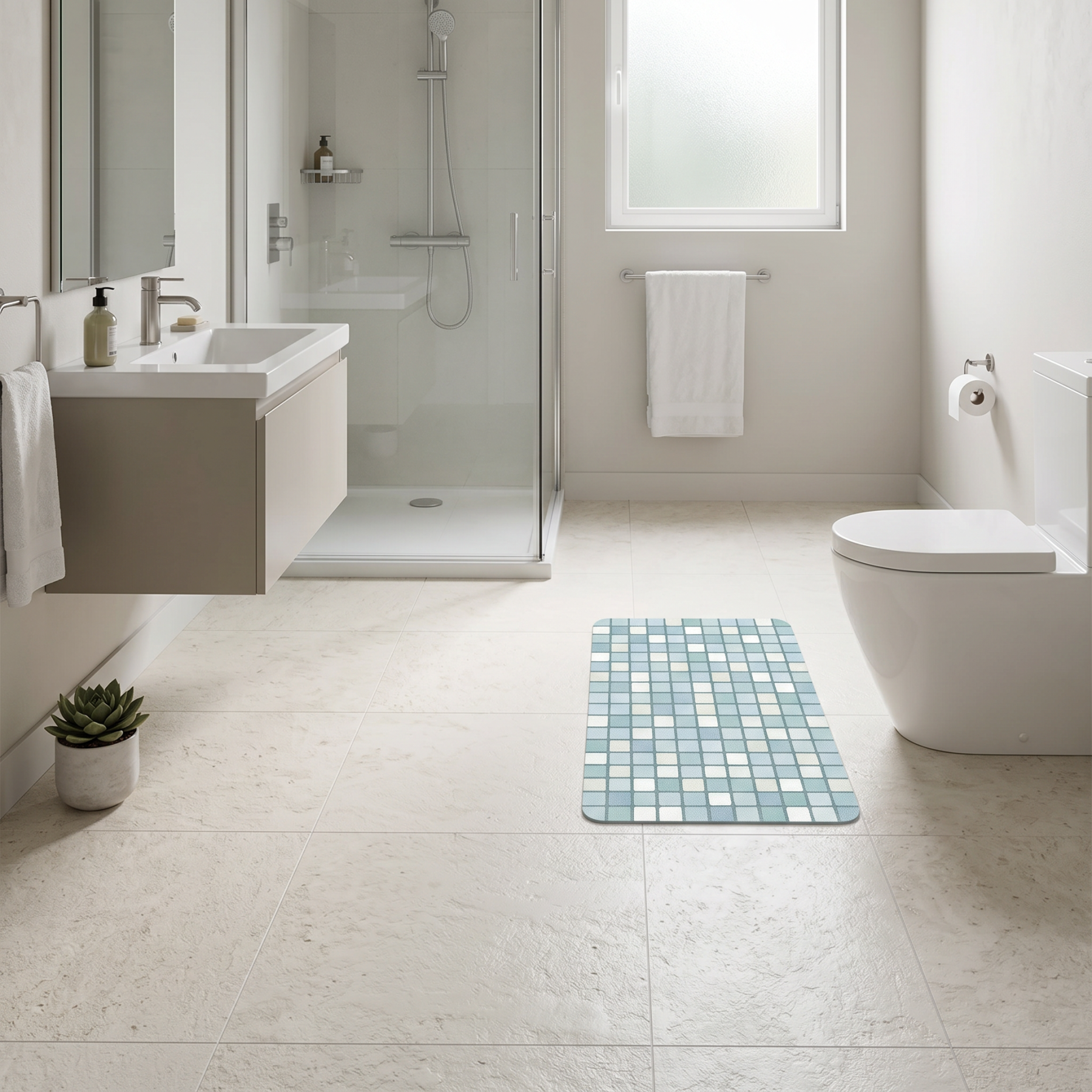 Aqua Blue Grid Diatomaceous Earth Bath Mat