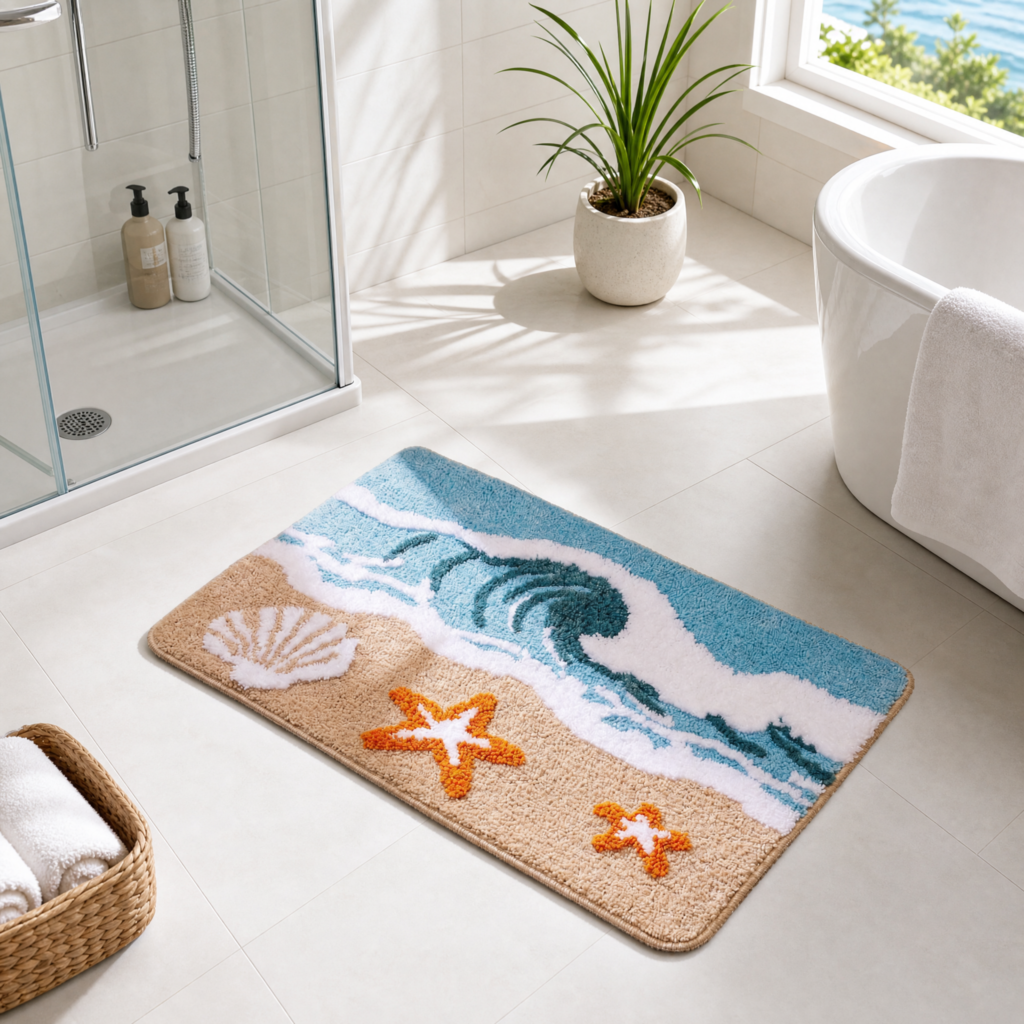 Ocean Surf Star Shell Flocked Rug