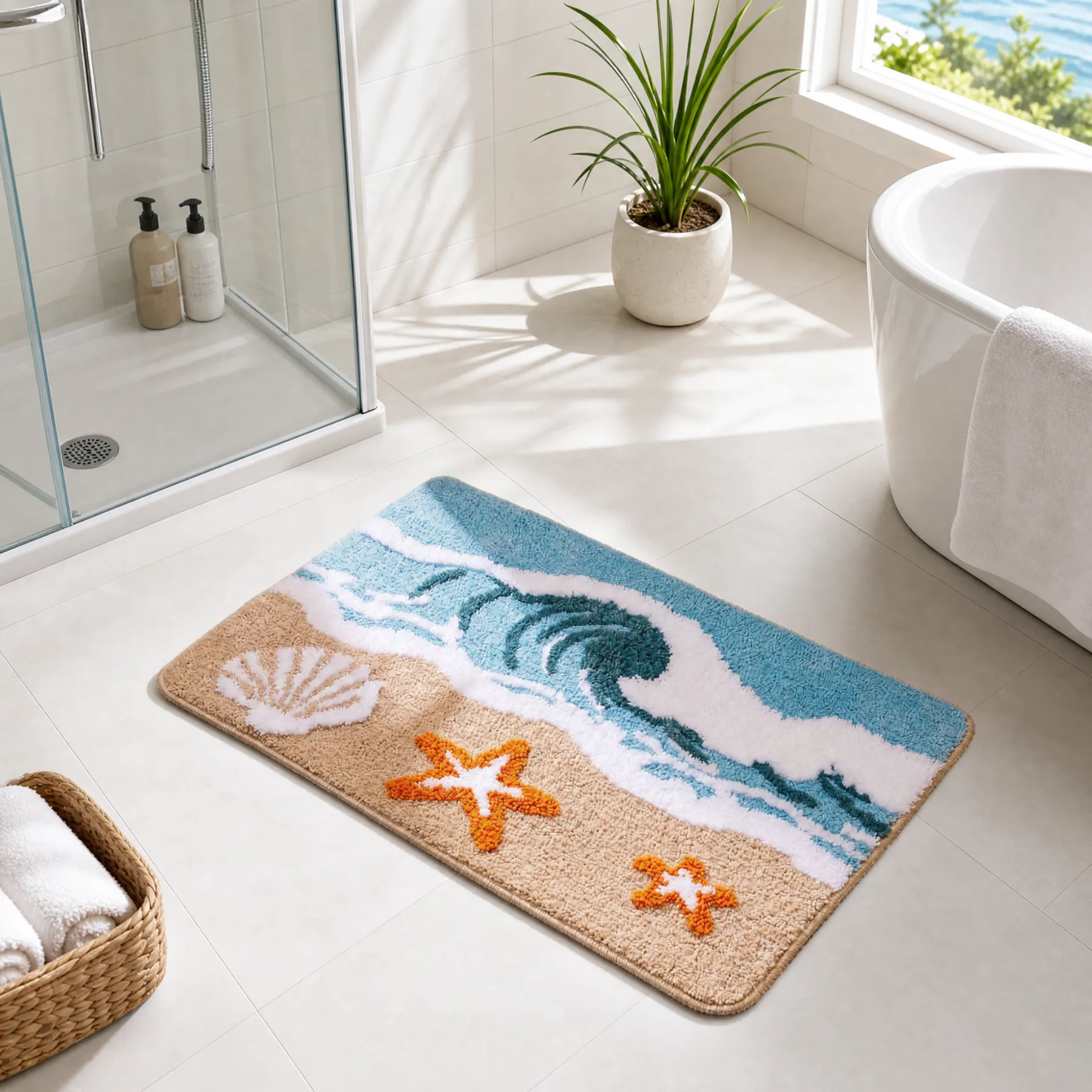 Ocean Surf Star Shell Flocked Rug