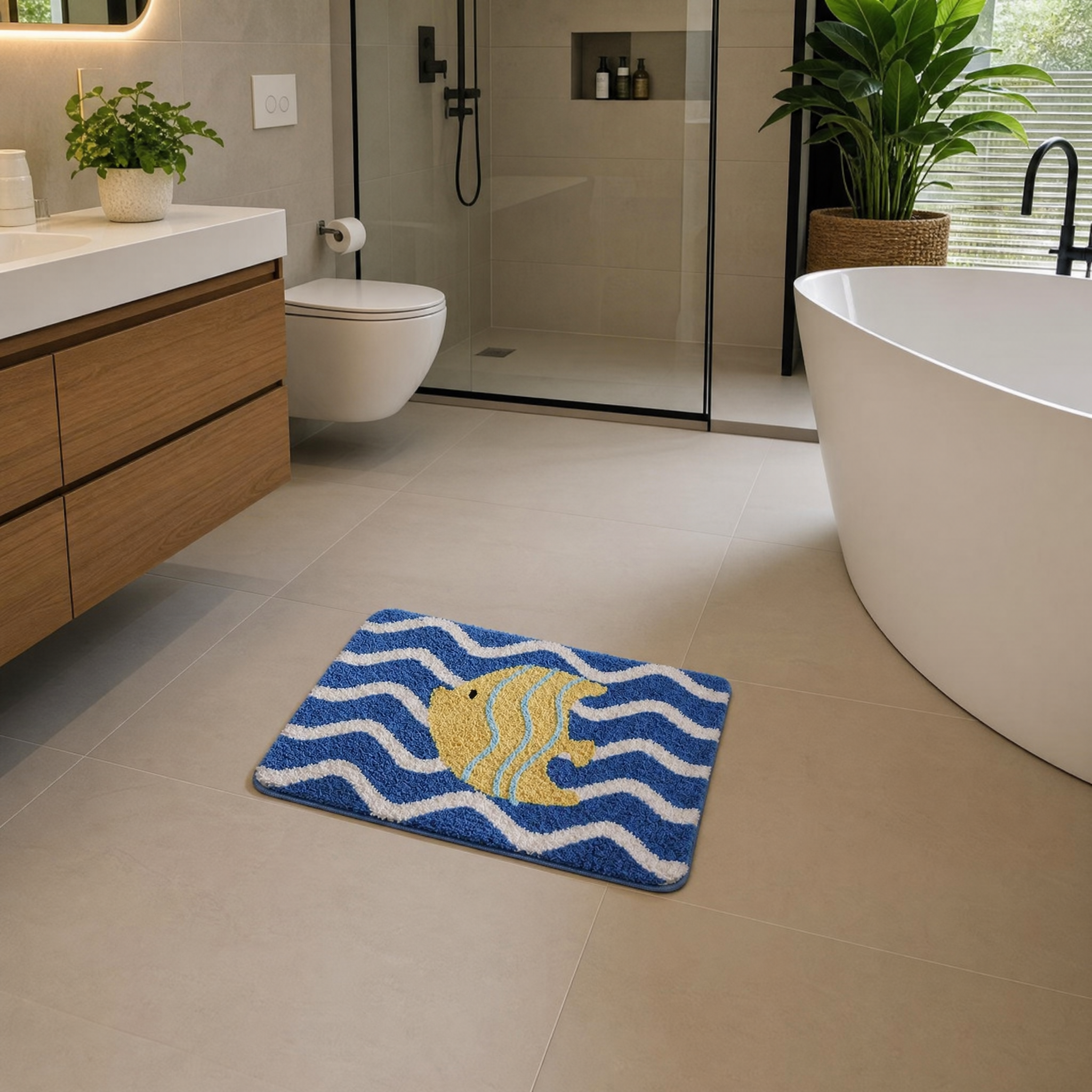 Wave Striped Tropical Fish Flocked Rug