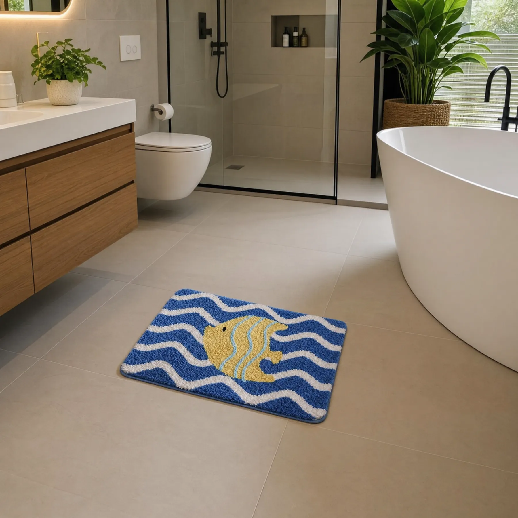 Wave Striped Tropical Fish Flocked Rug