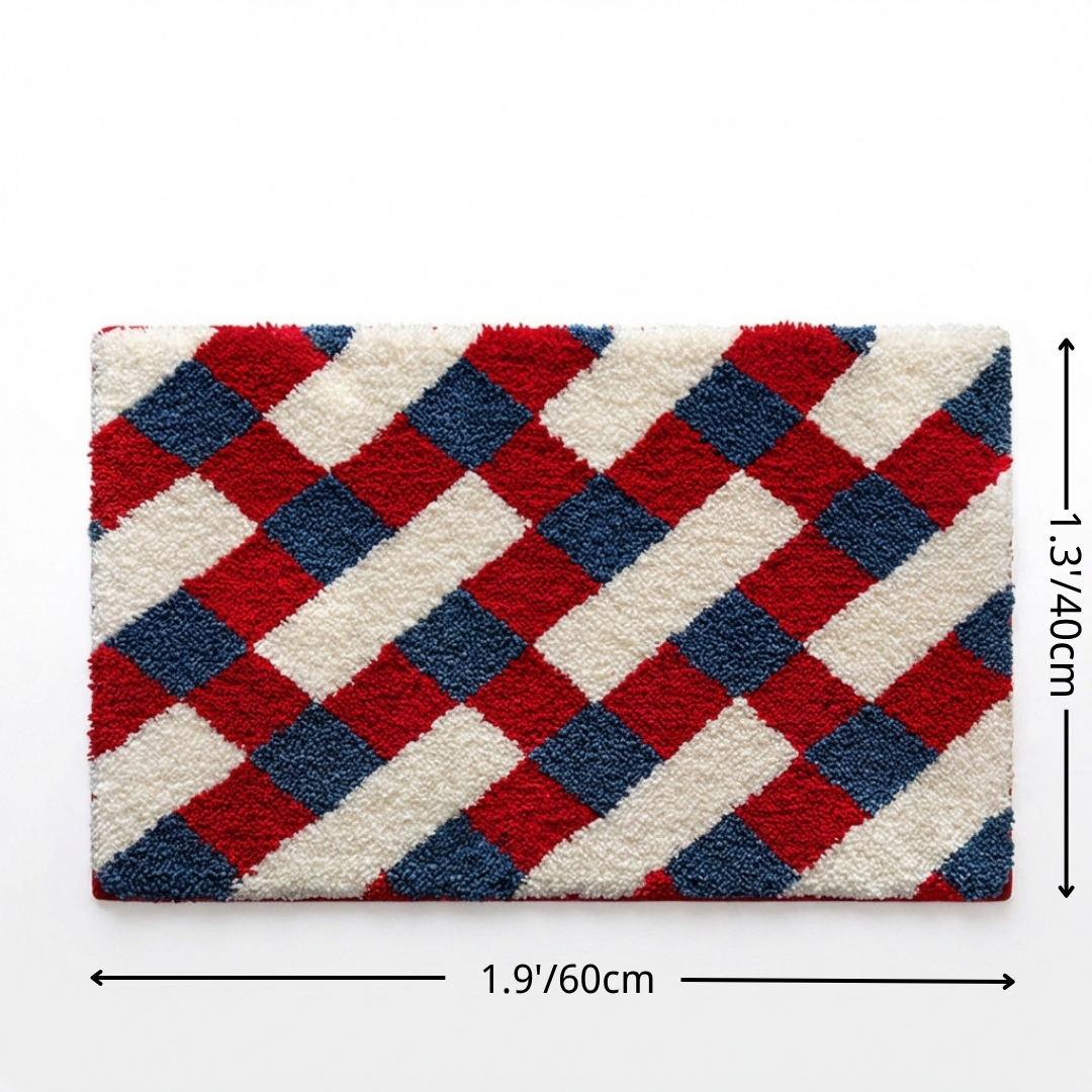 Red Blue Checkered Flocked Rug