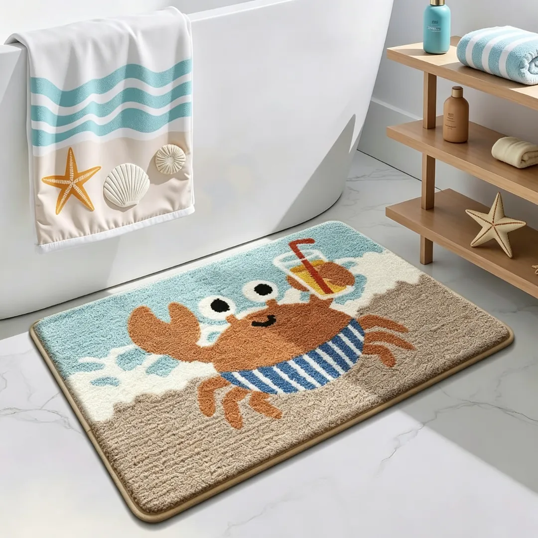 Coastal Happy Crab Flocked Rug