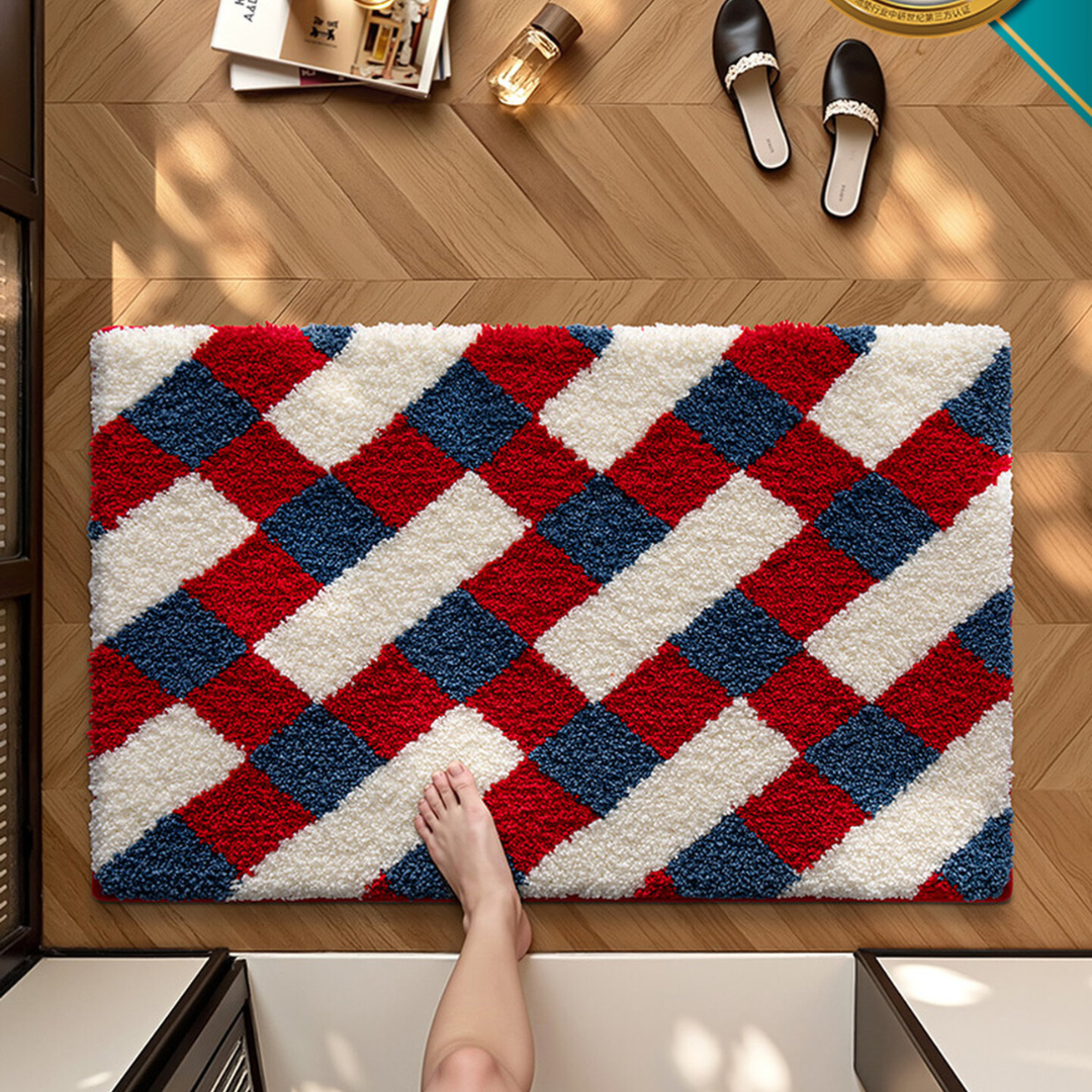 Red Blue Checkered Flocked Rug
