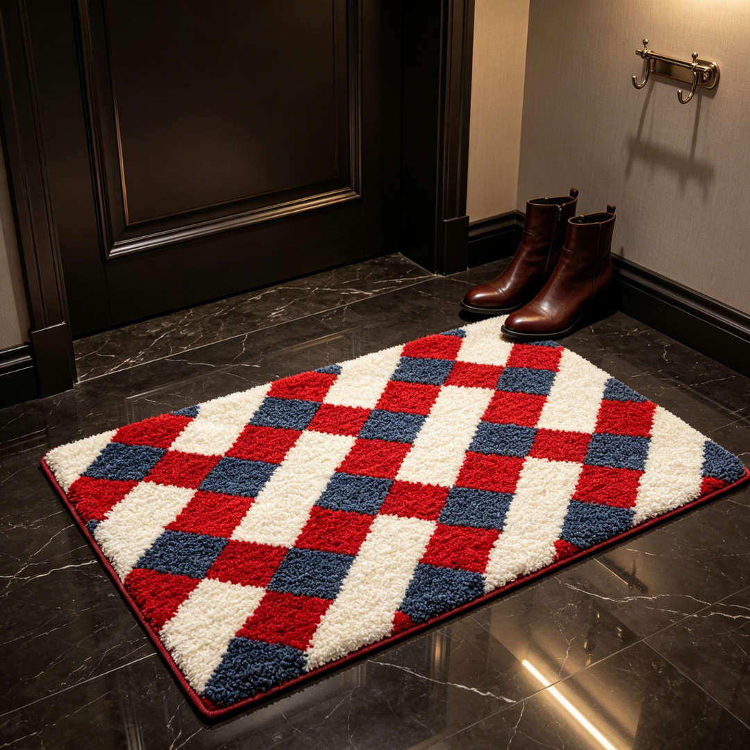 Red Blue Checkered Flocked Rug