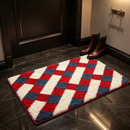 Red Blue Checkered Flocked Rug