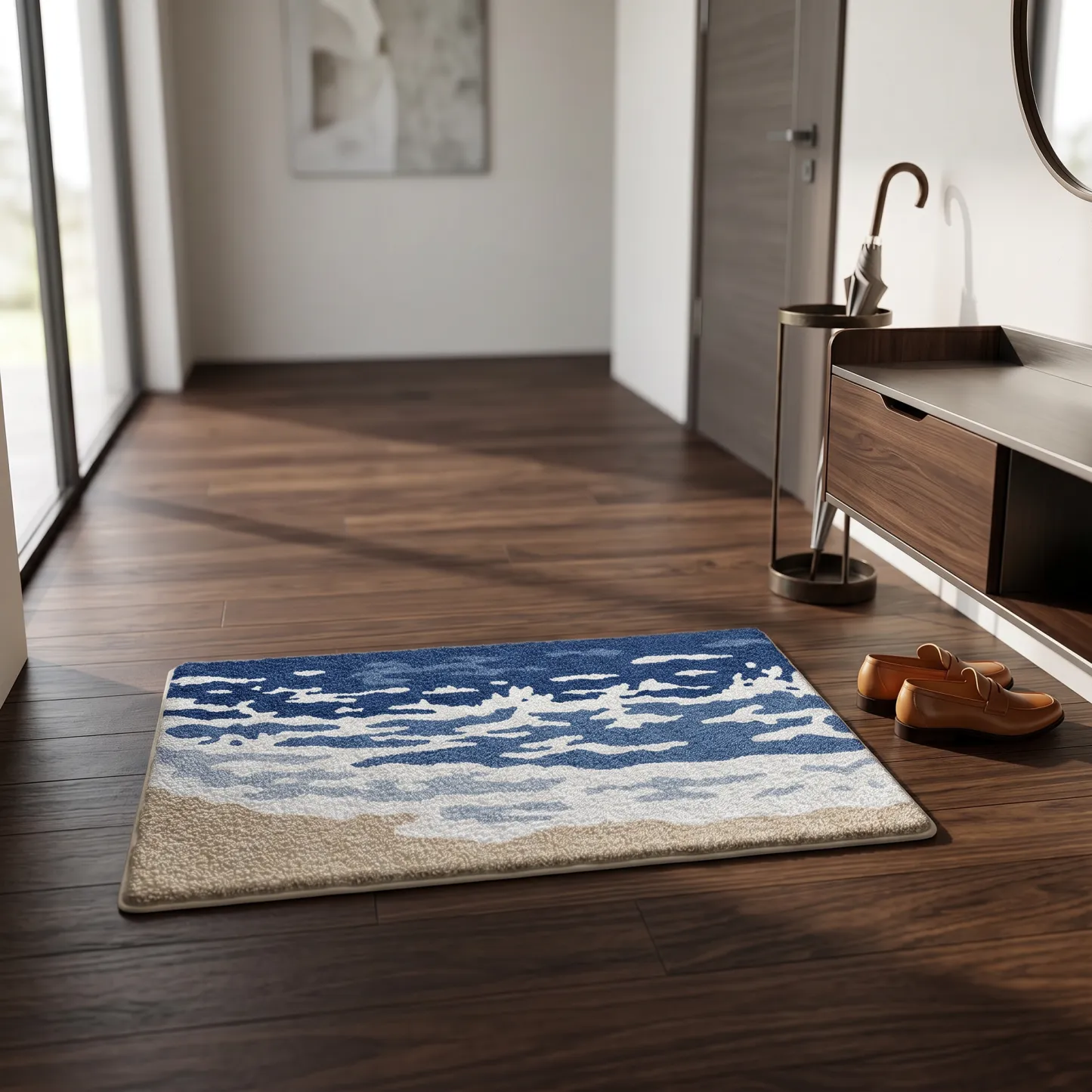 Ocean Wave Shoreline Flocked Rug
