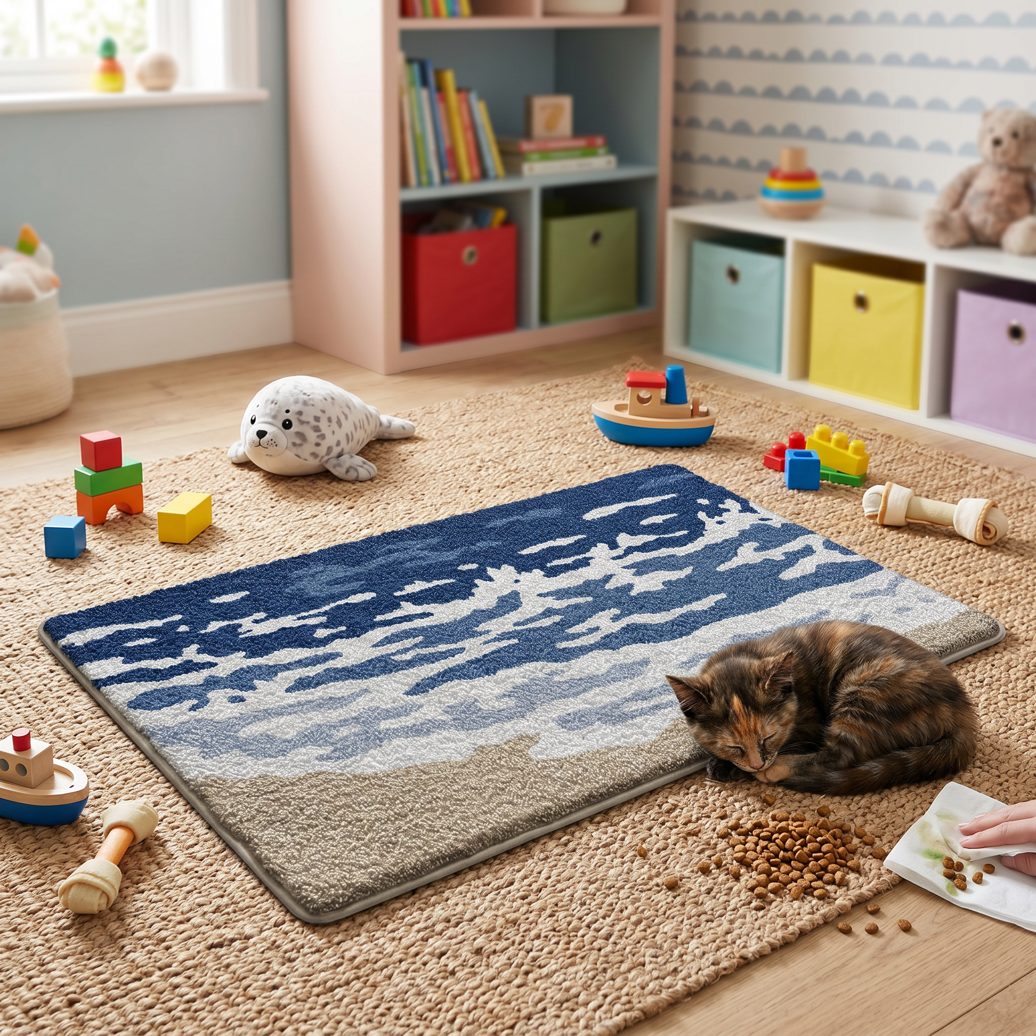Ocean Wave Shoreline Flocked Rug