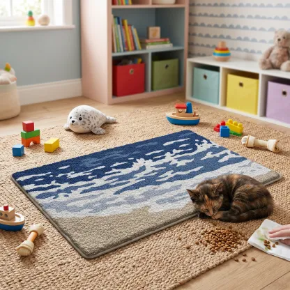 Ocean Wave Shoreline Flocked Rug