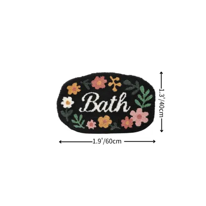 Black Floral Bath Letter Flocked Rug