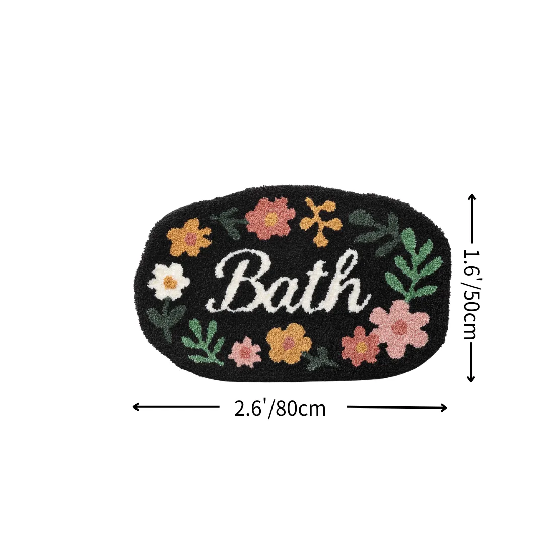 Black Floral Bath Letter Flocked Rug