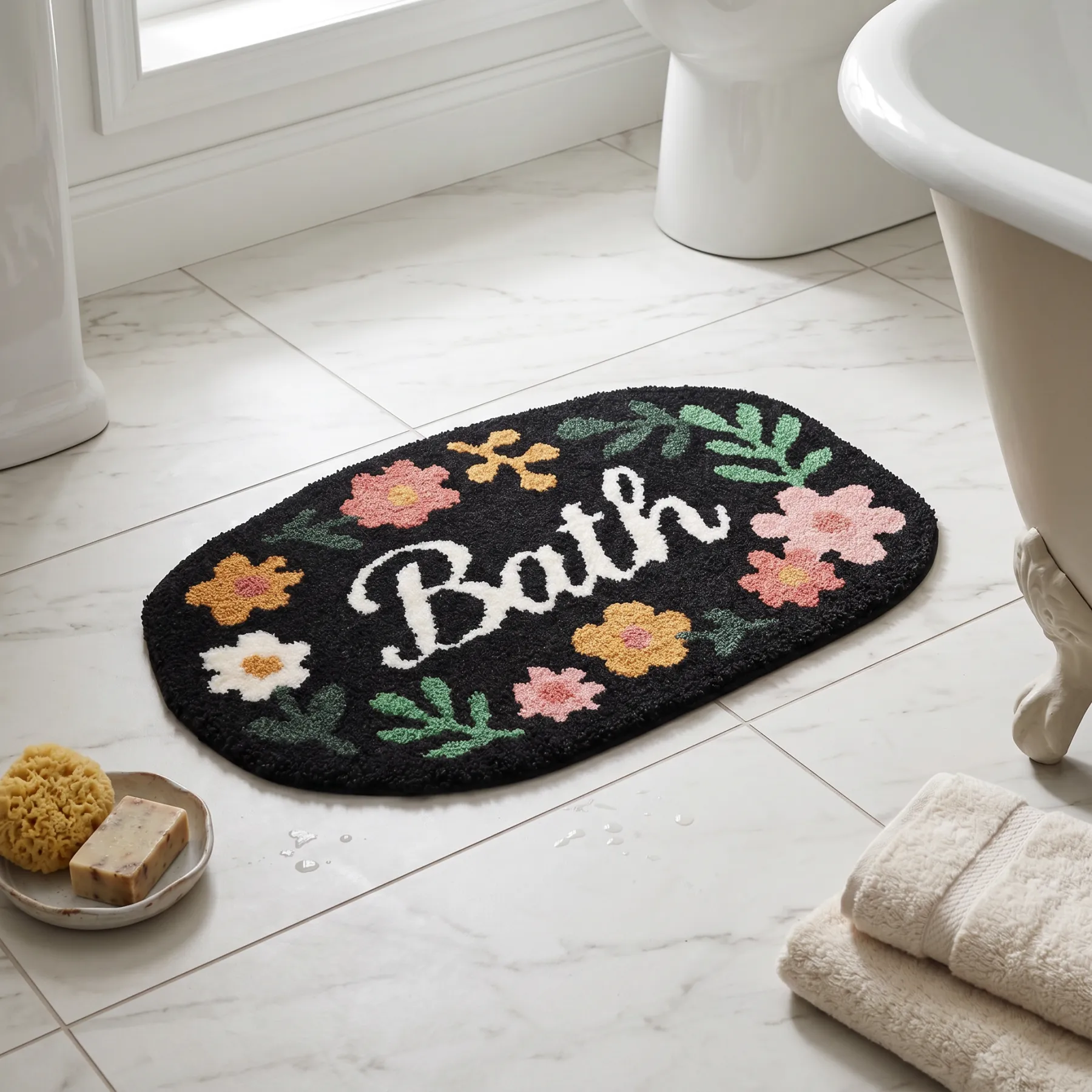 Black Floral Bath Letter Flocked Rug