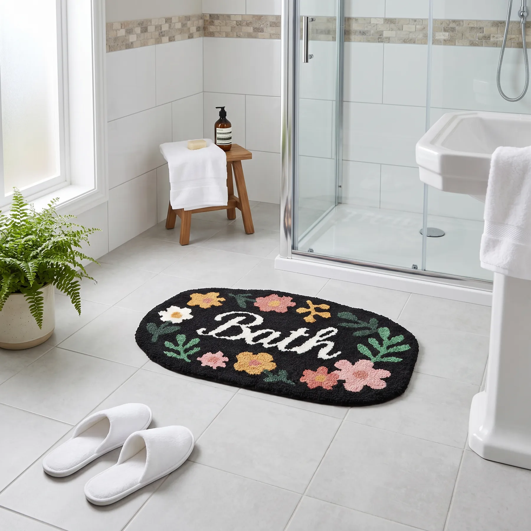 Black Floral Bath Letter Flocked Rug