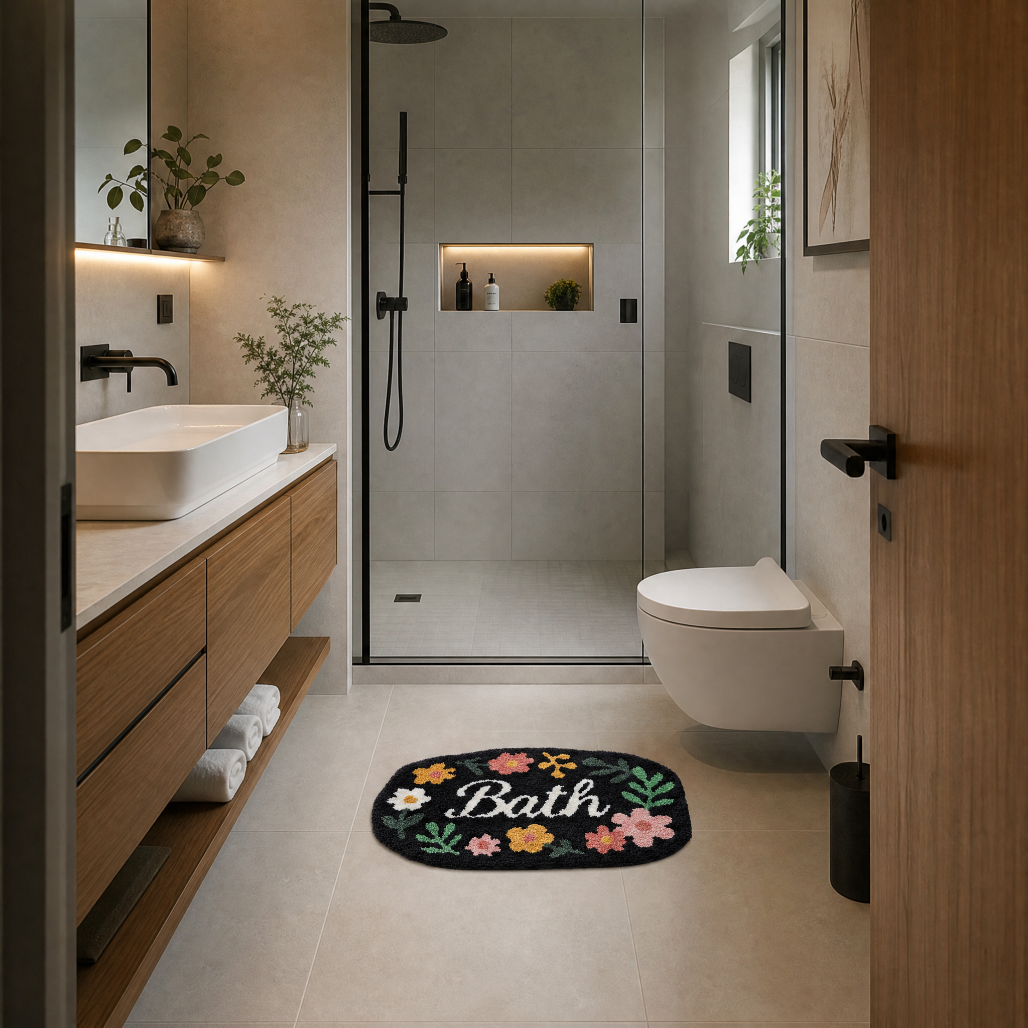 Black Floral Bath Letter Flocked Rug