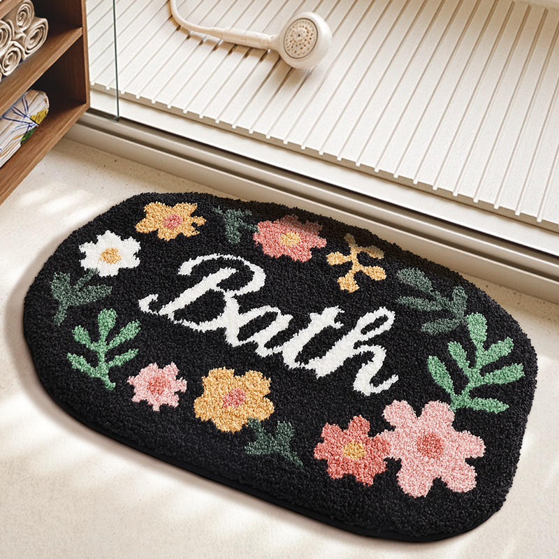 Black Floral Bath Letter Flocked Rug