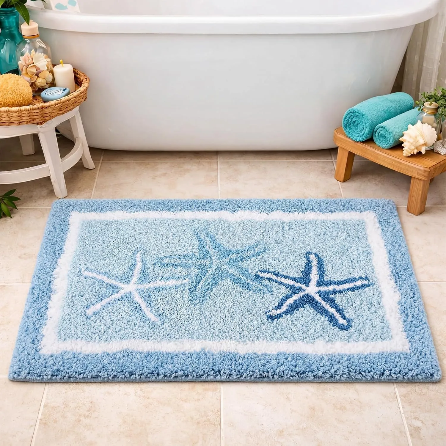 Blue Border Starfish Flocked Rug