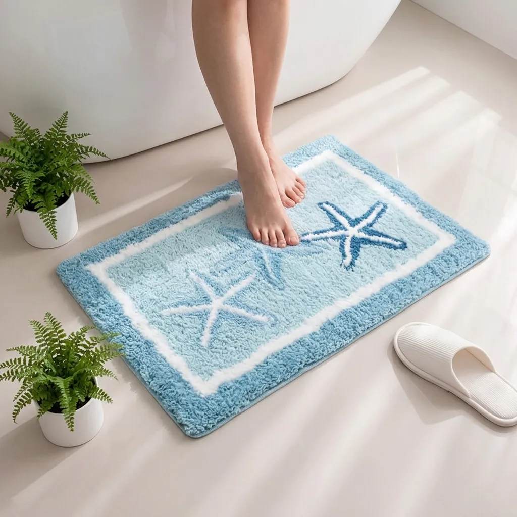 Blue Border Starfish Flocked Rug