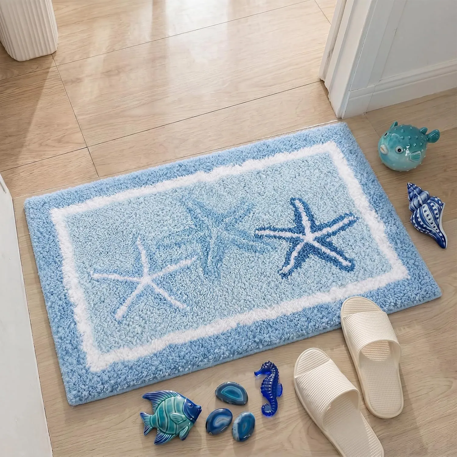 Blue Border Starfish Flocked Rug